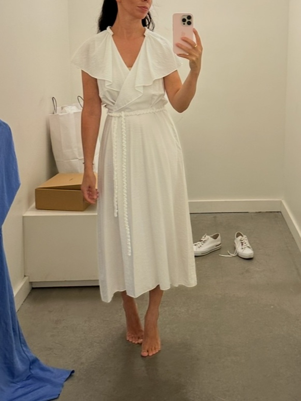 Vince Braided Belt Wrap Dress White Trim Flutter Sleeve
